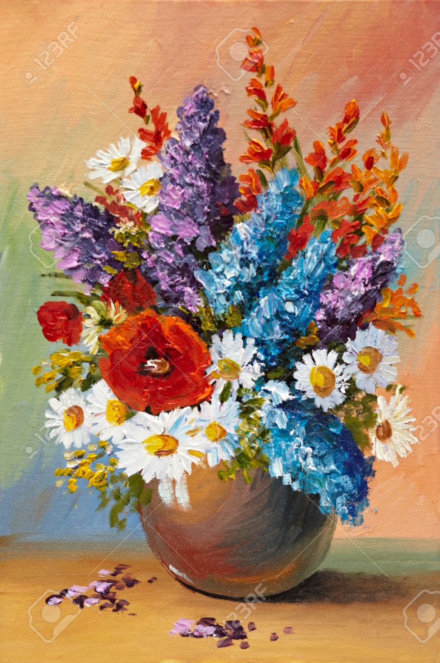 油絵 専用 カラフルな花瓶のお花 抽象画